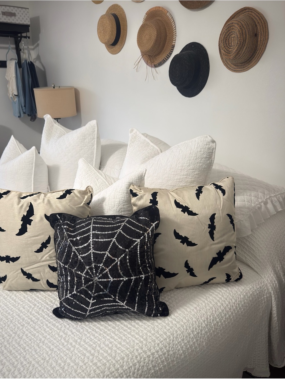 Halloween Decorative Pillow Set of 3- Velvet Bat & Sequin Spider Web